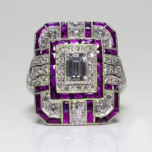 Luxury Square Women Crystal Zircon Engagement Ring, Ring Size:8(Purple)