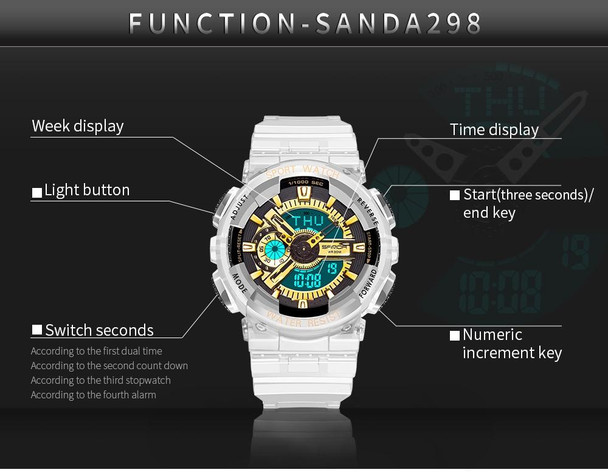 SANDA 298 Watch Men And Women Transparent Watch Waterproof Multi Functional luminous Movement Double Display Couple Electronic Watch(Black Woman)