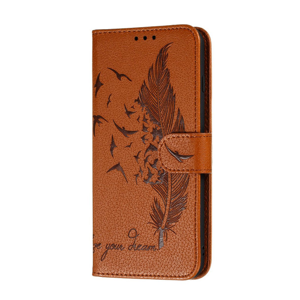 Google Pixel 5 XL Feather Pattern Litchi Texture Horizontal Flip Leather Case with Wallet & Holder & Card Slots(Brown)