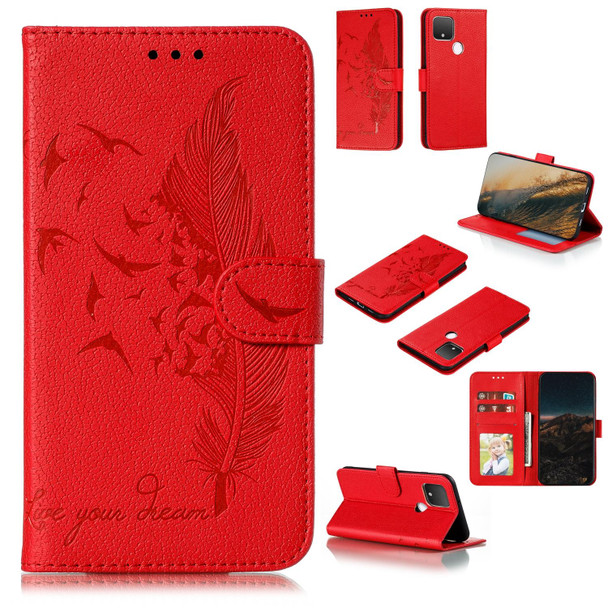 Google Pixel 5 Feather Pattern Litchi Texture Horizontal Flip Leather Case with Wallet & Holder & Card Slots(Red)