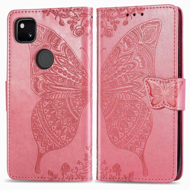 Google Pixel 4A Butterfly Love Flower Embossed Horizontal Flip Leather Case with Bracket / Card Slot / Wallet / Lanyard(Pink)