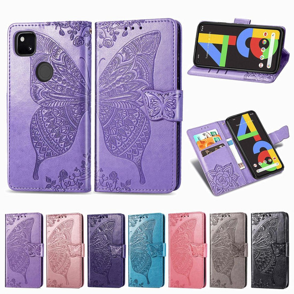 Google Pixel 4A Butterfly Love Flower Embossed Horizontal Flip Leather Case with Bracket / Card Slot / Wallet / Lanyard(Pink)