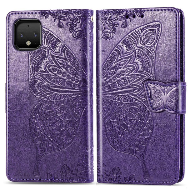 Butterfly Love Flowers Embossing Horizontal Flip Leatherette Case - Google Pixel 4 with Holder & Card Slots & Wallet & Lanyard(Dark purple)