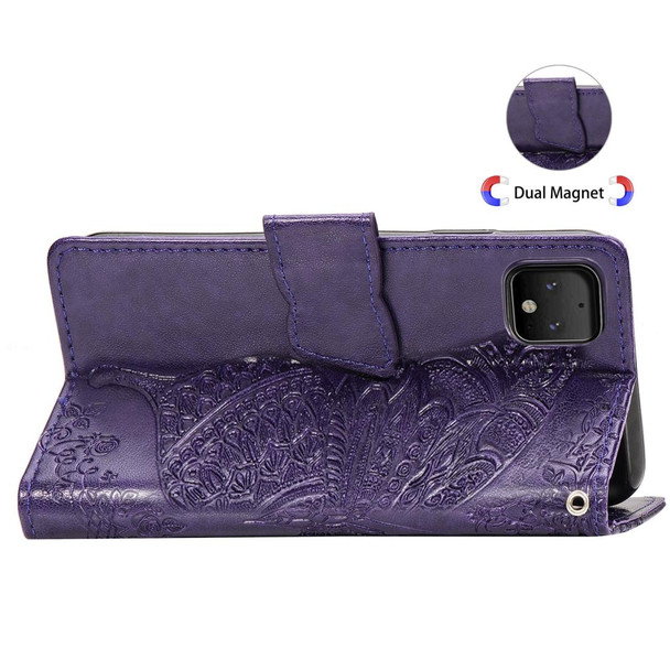 Butterfly Love Flowers Embossing Horizontal Flip Leatherette Case - Google Pixel 4 XL with Holder & Card Slots & Wallet & Lanyard(Dark purple)