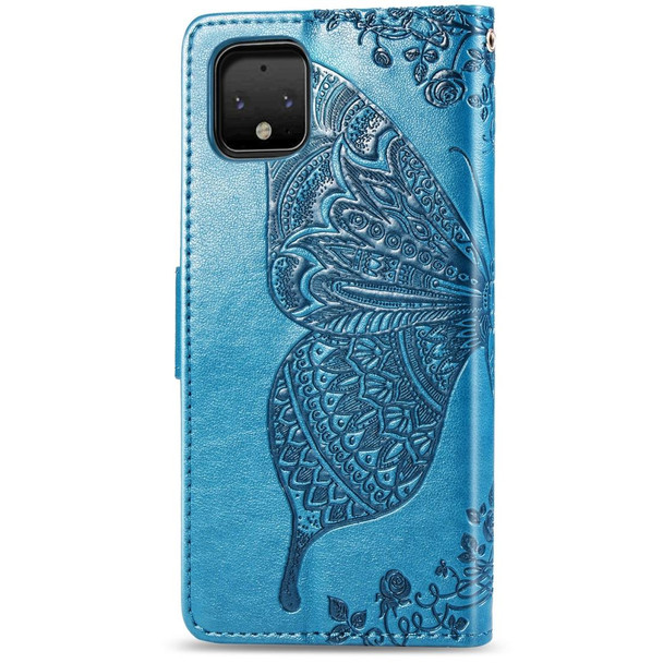 Butterfly Love Flowers Embossing Horizontal Flip Leatherette Case - Google Pixel 4 XL with Holder & Card Slots & Wallet & Lanyard(Blue)