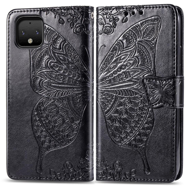 Butterfly Love Flowers Embossing Horizontal Flip Leatherette Case - Google Pixel 4 XL with Holder & Card Slots & Wallet & Lanyard(Black)