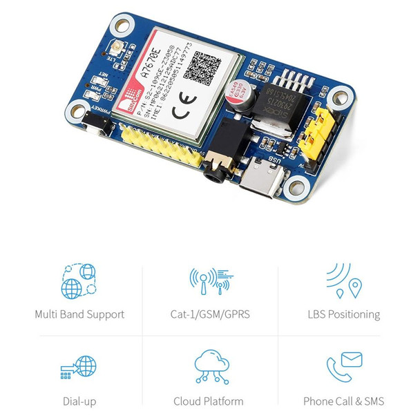 Waveshare Multi Band 2G GSM / GPRS LBS A7670E LTE Cat-1 HAT for Raspberry Pi, for Europe, Southeast Asia, West Asia, Africa, China, South Kor