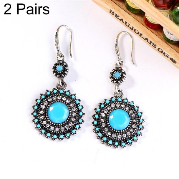 2 Pairs Ethnic Sun Flower Style Rhinestone Earrings Long Earbobs(Silver+Light Blue)