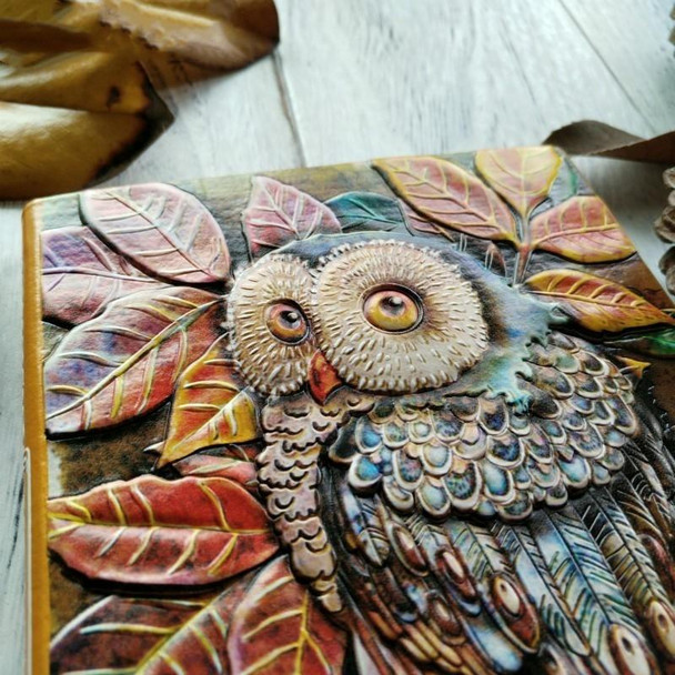 01663 Vintage Thick Handmade Leatherette Carving Owl Sketchbook Journal Cute Notebook(Full Colors)