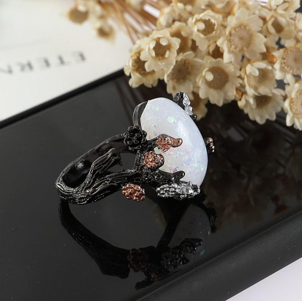 Woman Vintage Black Gold Color Ring White Fire Opal Flower Rings Size:6