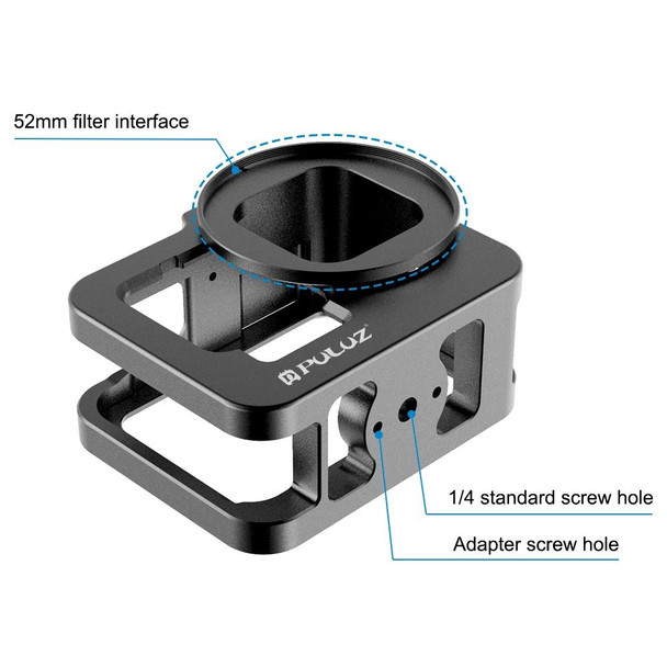 PULUZ for GoPro HERO10 Black / HERO9 Black Thicken Housing Shell CNC Aluminum Alloy Protective Cage with Insurance Frame & 52mm UV Lens(Black)