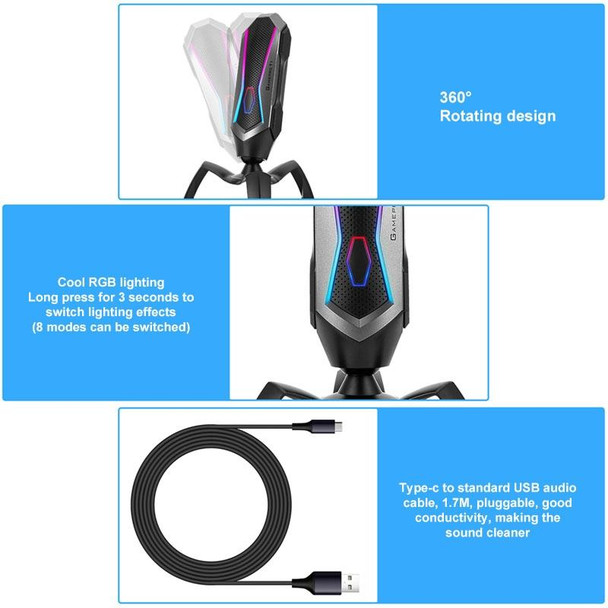 Yanmai T1 360-degree Free Rotation Cardioid Pointing Condenser Gaming Microphone with RGB Colorful Lighting & Pluggable USB-C / Type-C Cable, Cable Length: 1.7m