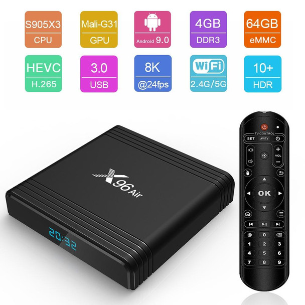 X96 Air 4K Smart TV BOX Android 9.0 Media Player wtih Remote Control, Quad-core Amlogic S905X3, RAM: 4GB, ROM: 64GB, Dual Band WiFi, Bluetooth, UK Plug