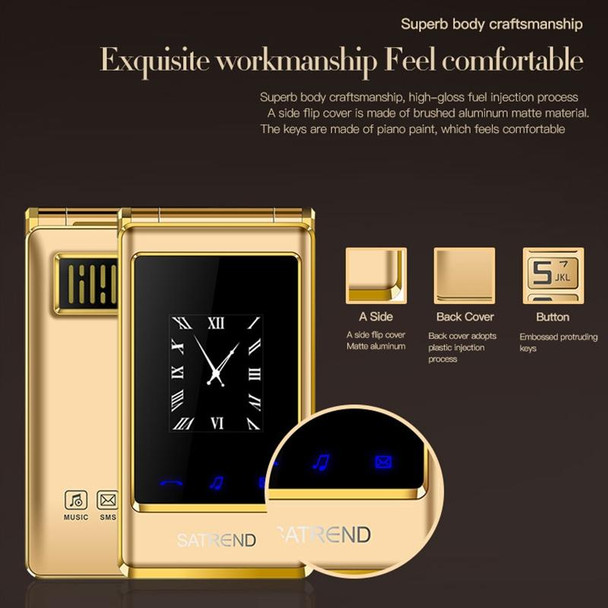 SATREND A15-M Dual-screen Flip Elder Phone, 3.0 inch + 1.77 inch, MTK6261D, Support FM, Network: 2G, Big Keys, Dual SIM(Gold)