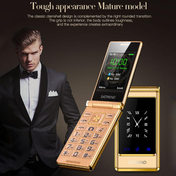 SATREND A15-M Dual-screen Flip Elder Phone, 3.0 inch + 1.77 inch, MTK6261D, Support FM, Network: 2G, Big Keys, Dual SIM(Gold)