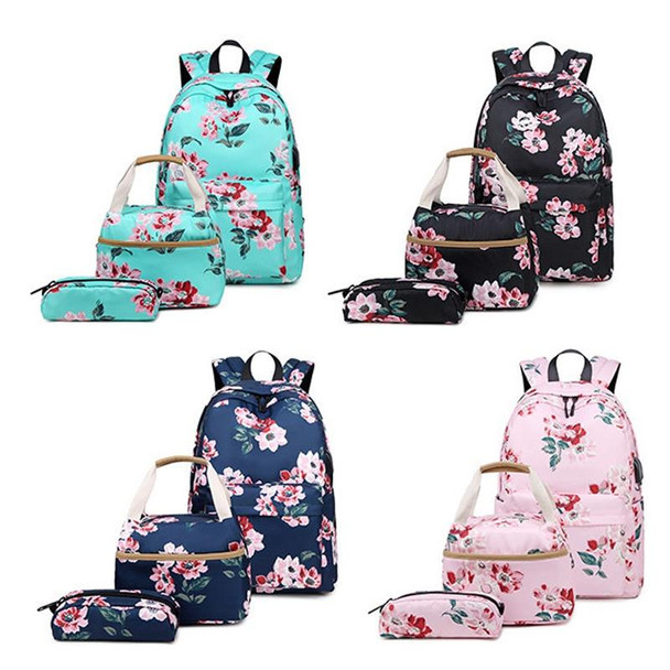 1916-1 3 PCS / Set Printed USB Backpack Student School Bag(Dark Blue)