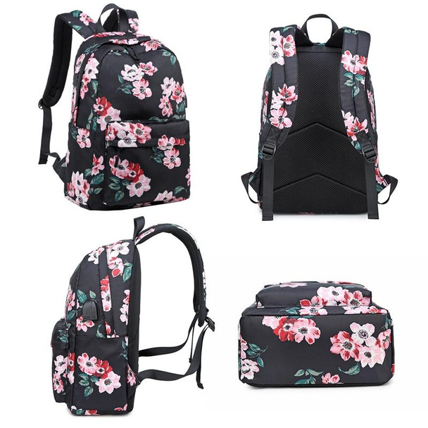 1916-1 3 PCS / Set Printed USB Backpack Student School Bag(Dark Blue)