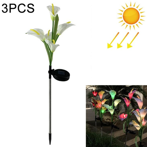 3PCS Simulated Calla Lily Flower 5 Heads Solar Powered Outdoor IP65 Waterproof LED Decorative Lawn Lamp, Colorful Light(White)