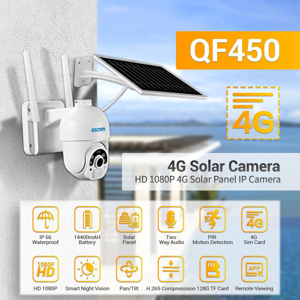 ESCAM QF450 HD 1080P 4G EU Version Solar Powered IP Camera with 32G Memory, Support Two-way Audio & PIR Motion Detection & Night Vision & TF Card