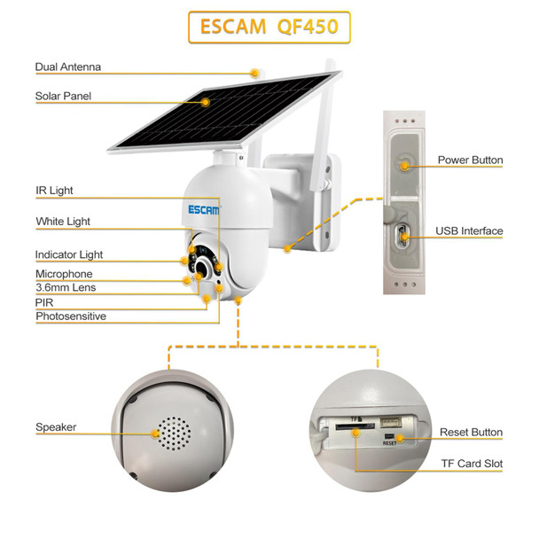 ESCAM QF450 HD 1080P 4G EU Version Solar Powered IP Camera without Memory, Support Two-way Audio & PIR Motion Detection & Night Vision & TF Card