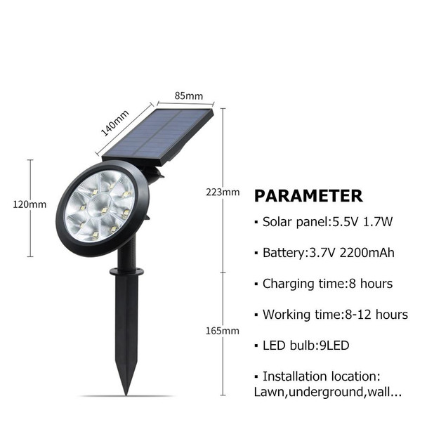 9 LEDs Solar Power Garden Lights LED Outdoor Garden Adjustable IP65 Waterproof Light(Colorful Changing)