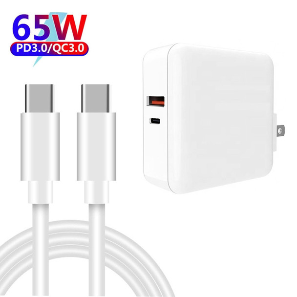 A6 65W QC 3.0 USB + PD USB-C / Type-C Dual Fast Charging Laptop Adapter + 1m USB-C / Type-C to USB-C / Type-C Data Cable Set for MacBook Series, US Plug