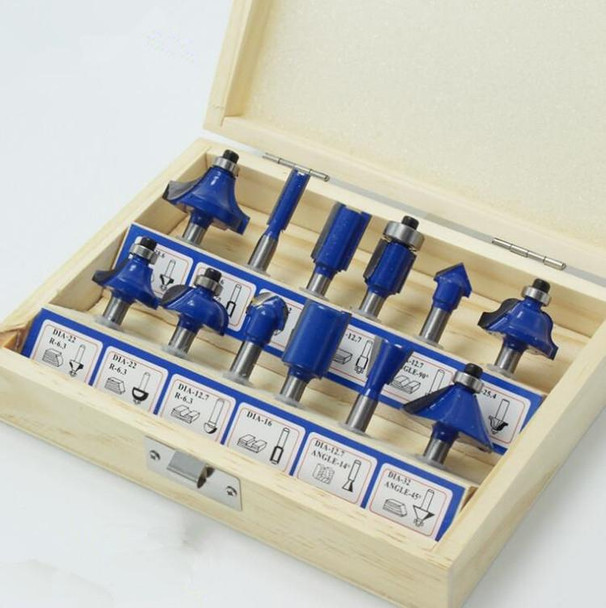 Woodworking Milling Cutter Set Trimming Machine Head Electric Wood Milling Engraving Machine Cutter, Style:Blue 1/4 Handle 12PCS