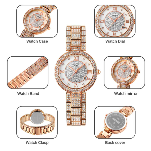 SKMEI 1739 Diamond Roman Numerals Round Dial Quartz Watch for Ladies(Silver)