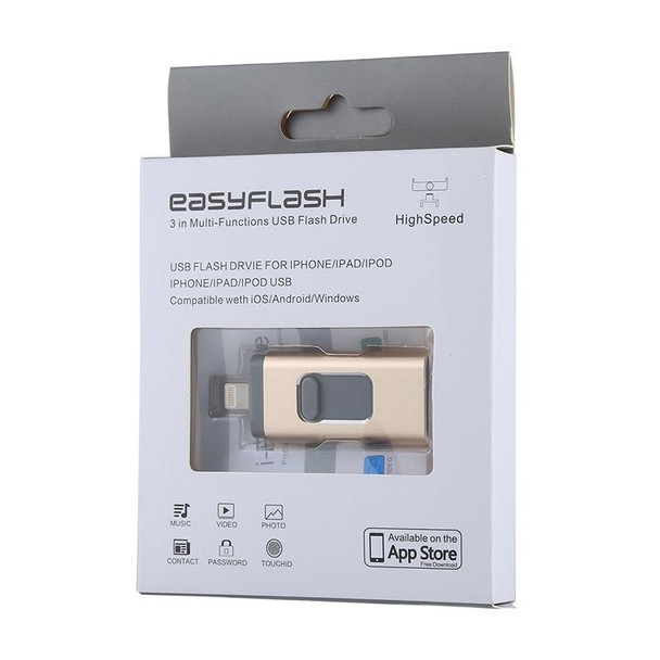 easyflash RQW-01B 3 in 1 USB 2.0 & 8 Pin & Micro USB 128GB Flash Drive(Gold)