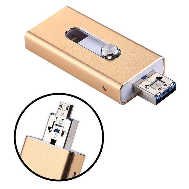 RQW-02 3 in 1 USB 2.0 & 8 Pin & Micro USB 64GB Flash Drive, for iPhone & iPad & iPod & Most Android Smartphones & PC Computer(Gold)