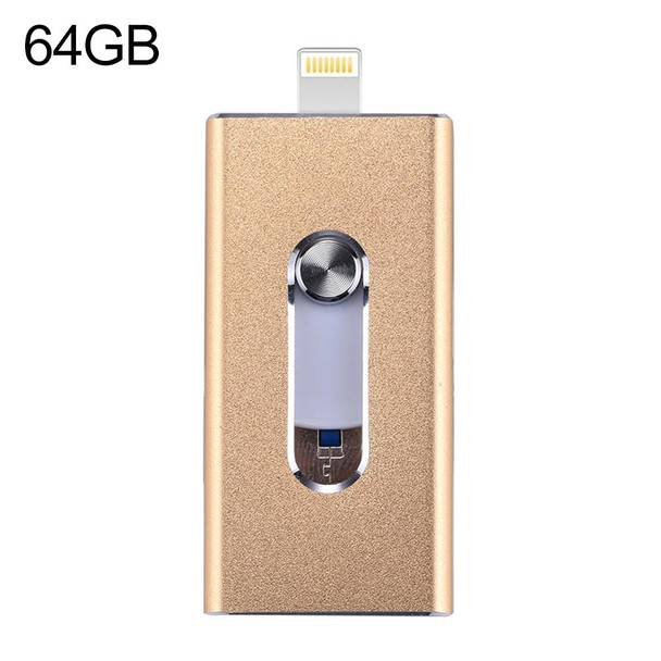 RQW-02 3 in 1 USB 2.0 & 8 Pin & Micro USB 64GB Flash Drive, for iPhone & iPad & iPod & Most Android Smartphones & PC Computer(Gold)