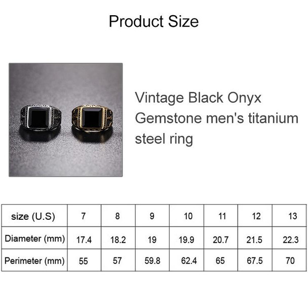 Europe and America Style Punk Gothic Retro Black Onyx Gemstone Men Titanium Steel Ring, US Size: 12, Diameter: 21.5mm, Perimeter: 67.5mm(Gold)