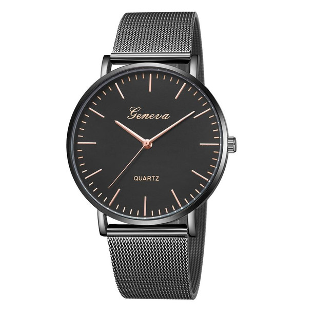 Geneva Fashion Quartz Watch Men Women Mesh Stainless Steel Watchband(Black shell  black dial rose gold needle)