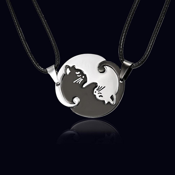 Couples Jewelry Necklaces Titanium Steel Animal Cat Pendants Necklace(White and Black Cat with Metal Chain)