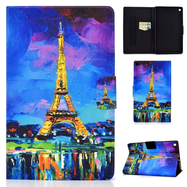 Kindle Fire HD 10 2015 / 2017 / 2019 TPU Electric Pressed Horizontal Flip Leather Case with Holder & Card Slot & Sleep / Wake-up Function(Eiffel Tower)