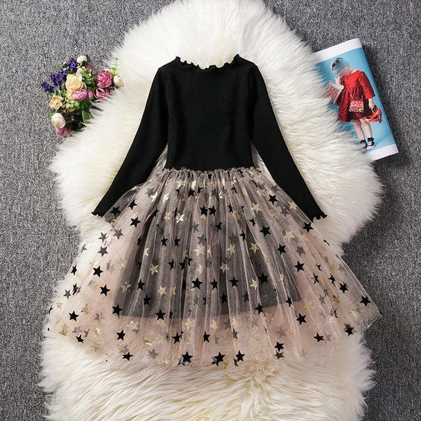 Autumn Girls Star Pattern Lace Sequins Long Sleeve Tutu Dress, Kid Size:140cm(Black)