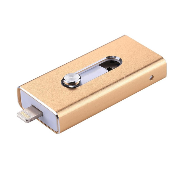 RQW-02 3 in 1 USB 2.0 & 8 Pin & Micro USB 128GB Flash Drive, for iPhone & iPad & iPod & Most Android Smartphones & PC Computer(Gold)