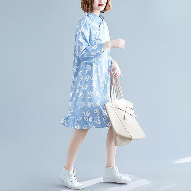 Chinese Style Improved Cheongsam Literary Retro Loose And Thin Mid-length Dress (Color:Blue Size:XL)