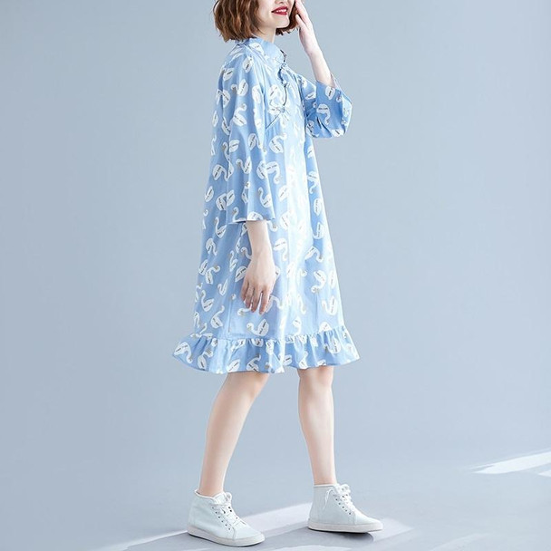 Chinese Style Improved Cheongsam Literary Retro Loose And Thin Mid-length Dress (Color:Blue Size:XL)