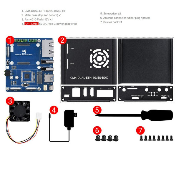 Waveshare Dual Gigabit Ethernet 5G/4G Computer Box with Cooling Fan for Raspberry Pi CM4(EU Plug)