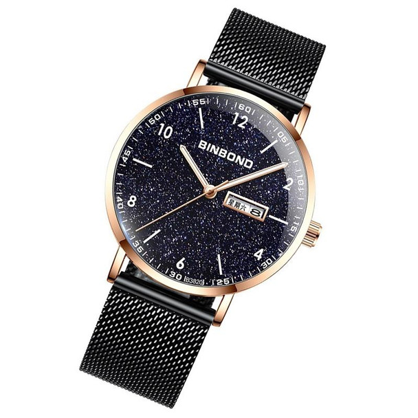 BINBONG B3820 Men Simple Luminous Quartz Watch Student Trendstarry Starry Sky Pattern Watch(Black Mash Rose Shell Rose Gold Nails)