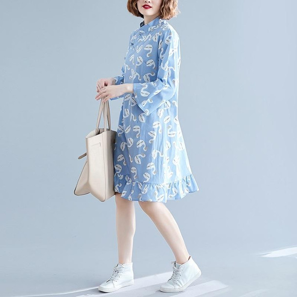 Chinese Style Improved Cheongsam Literary Retro Loose And Thin Mid-length Dress (Color:Blue Size:M)