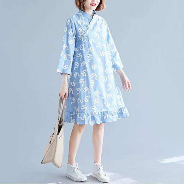 Chinese Style Improved Cheongsam Literary Retro Loose And Thin Mid-length Dress (Color:Blue Size:M)