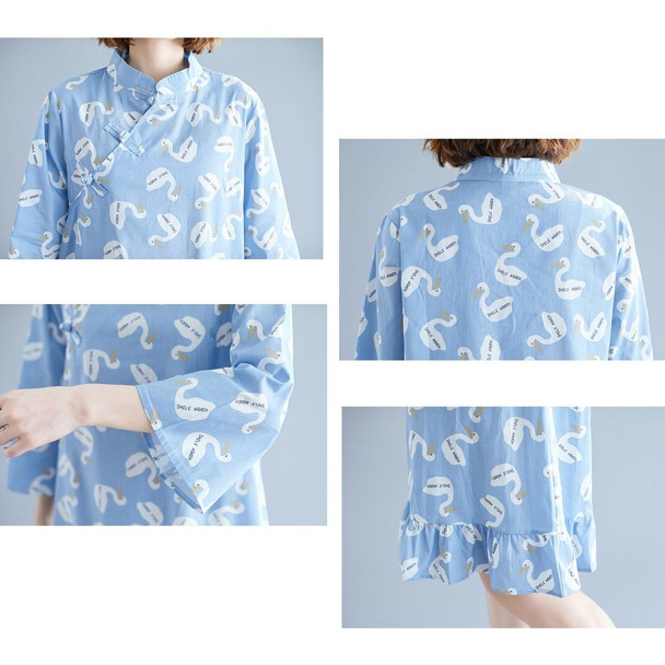Chinese Style Improved Cheongsam Literary Retro Loose And Thin Mid-length Dress (Color:Blue Size:XXL)