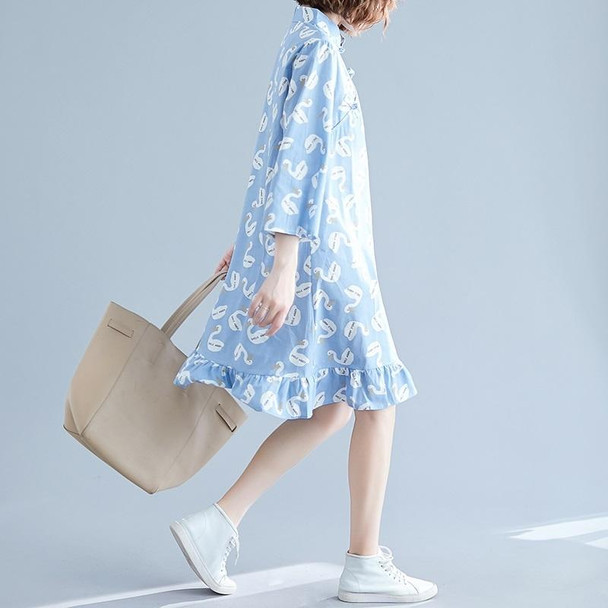 Chinese Style Improved Cheongsam Literary Retro Loose And Thin Mid-length Dress (Color:Blue Size:XXL)