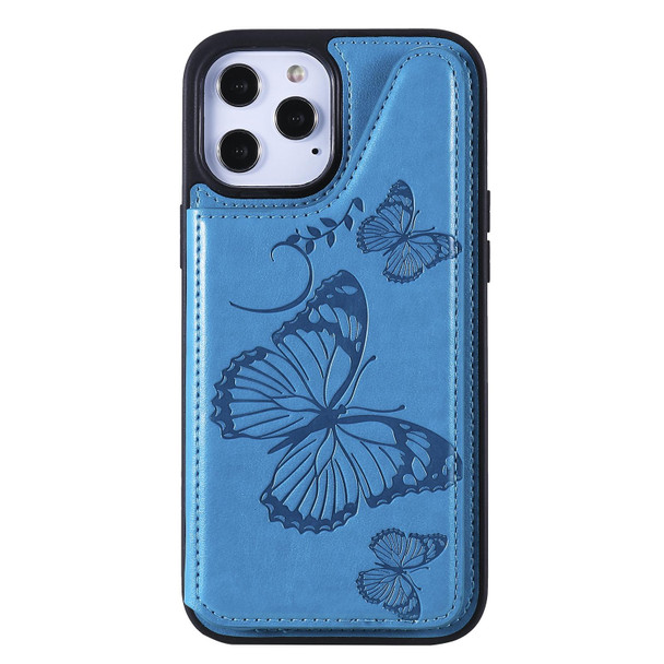 Butterfly Embossing Pattern Shockproof Protective Case with Holder & Card Slots & Photo Frame - iPhone 12 Pro Max(Blue)