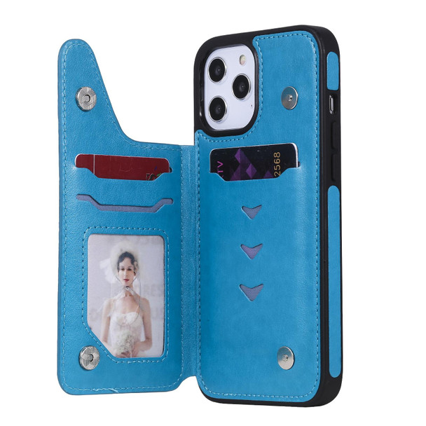 Butterfly Embossing Pattern Shockproof Protective Case with Holder & Card Slots & Photo Frame - iPhone 12 Pro Max(Blue)