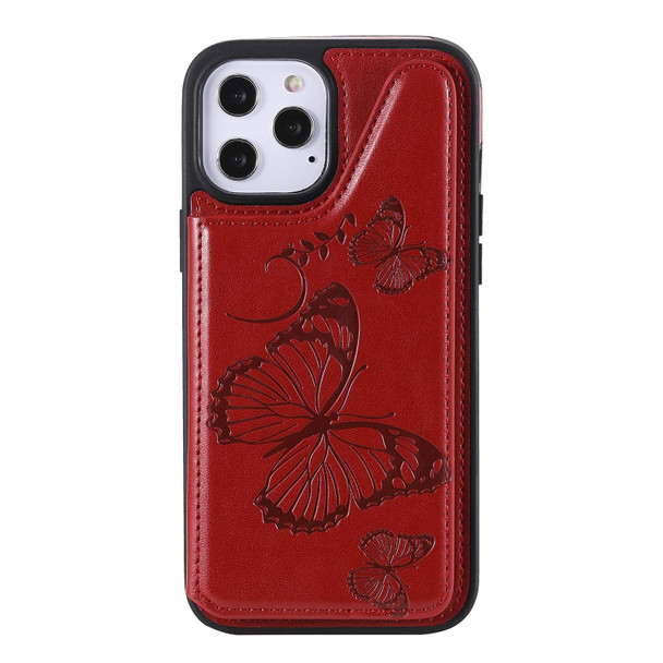 Butterfly Embossing Pattern Shockproof Protective Case with Holder & Card Slots & Photo Frame - iPhone 12 Pro Max(Red)