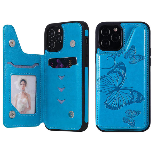 Butterfly Embossing Pattern Shockproof Protective Case with Holder & Card Slots & Photo Frame - iPhone 12 / 12 Pro(Blue)