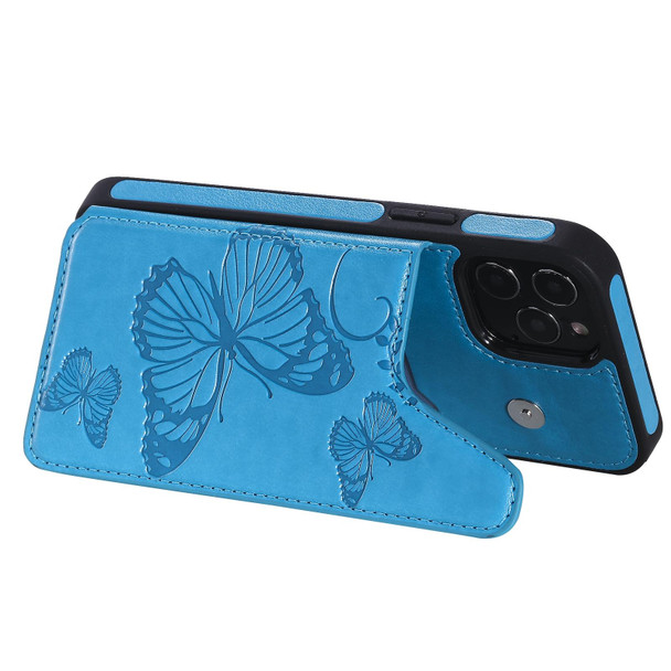 Butterfly Embossing Pattern Shockproof Protective Case with Holder & Card Slots & Photo Frame - iPhone 12 / 12 Pro(Blue)